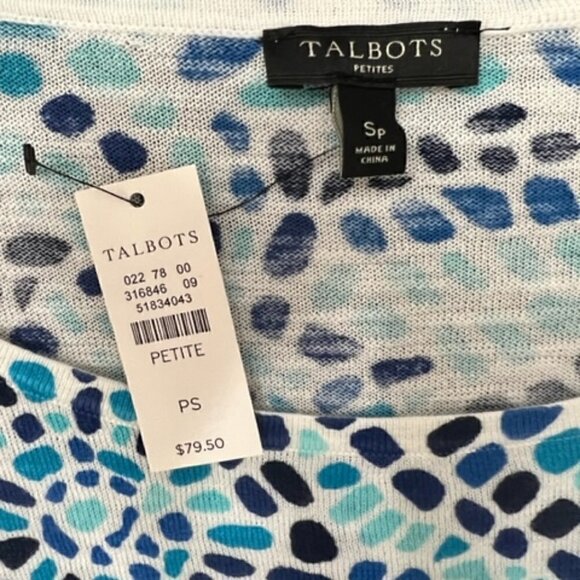 Talbots Petites Blue White Cotton Sweater Lightweight 3/4 Sleeves - Picture 4 of 5